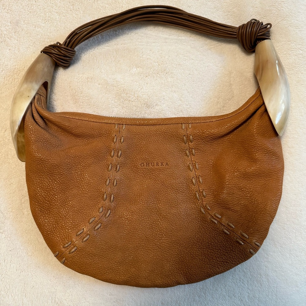 Ghurka Leather Handbag with Natural Horn Accent Beautful, Unused!